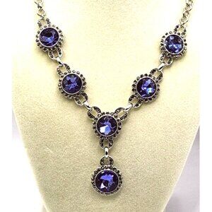 Sky Blue Stone Necklace With Crystal Accents "Y" Design - Glamour